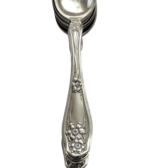 8 Rogers Art Nouveau Floral Teaspoons 6" flower handle 1930s silverplate - Picture 6 of 11